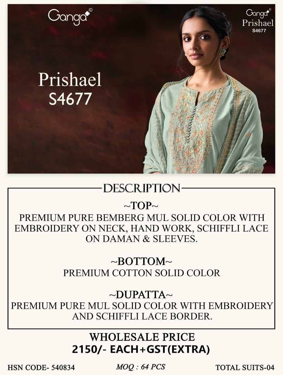 PRISHAEL 4677 Series By Ganga Fashion Beautiful Festive Suits Stylish Colorful Fancy Casual Wear & Ethnic Wear PURE BEMBERG MUL Dresses At Wholesale Price